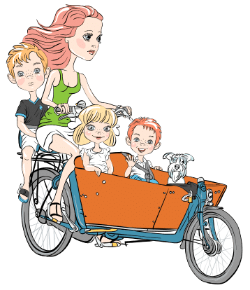 Mutter mit Kindern im Lastenfahrrad